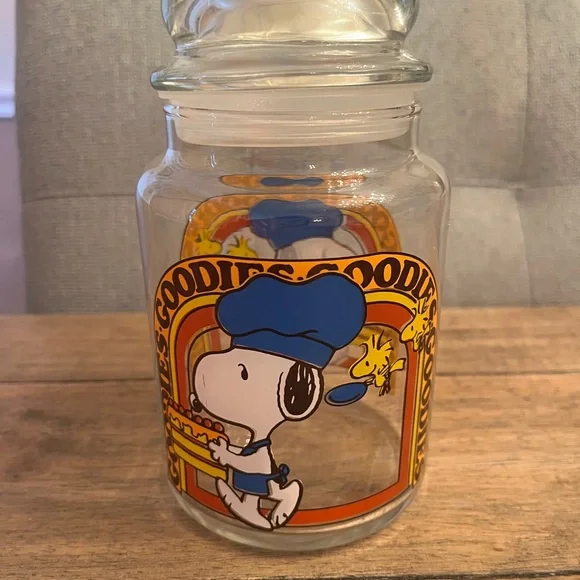 Vintage Snoopy Glass Cookie Jar with Blue and Orange Design - Picture 6 of 8